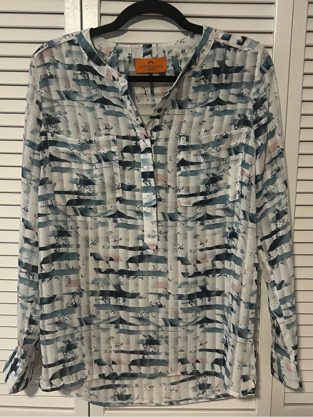 Patrizia Luca White Blouse with Blue Abstract Stripes